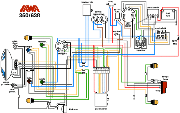 Заводская схема электропроводки Ява 638 на чешском языке